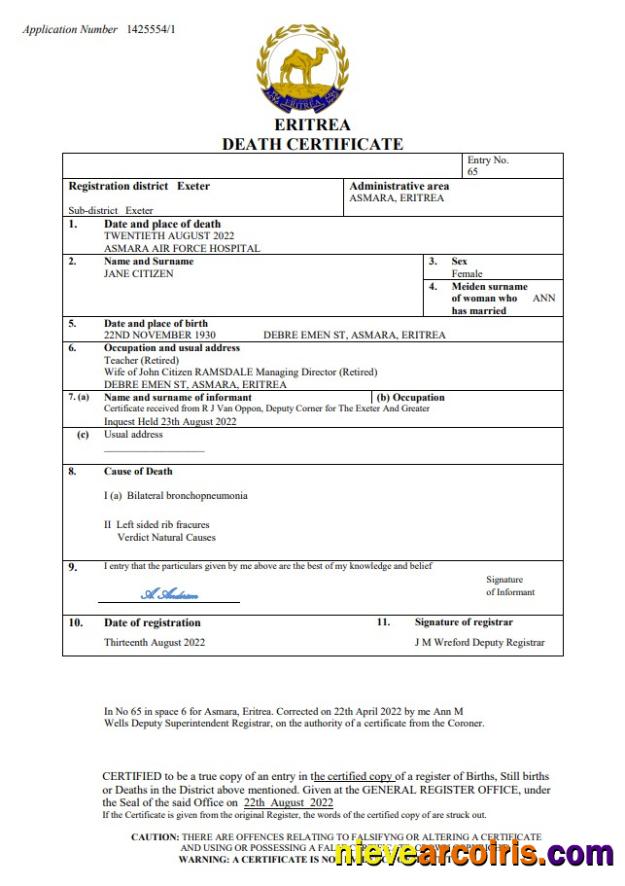 Eritrea vital record death certificate